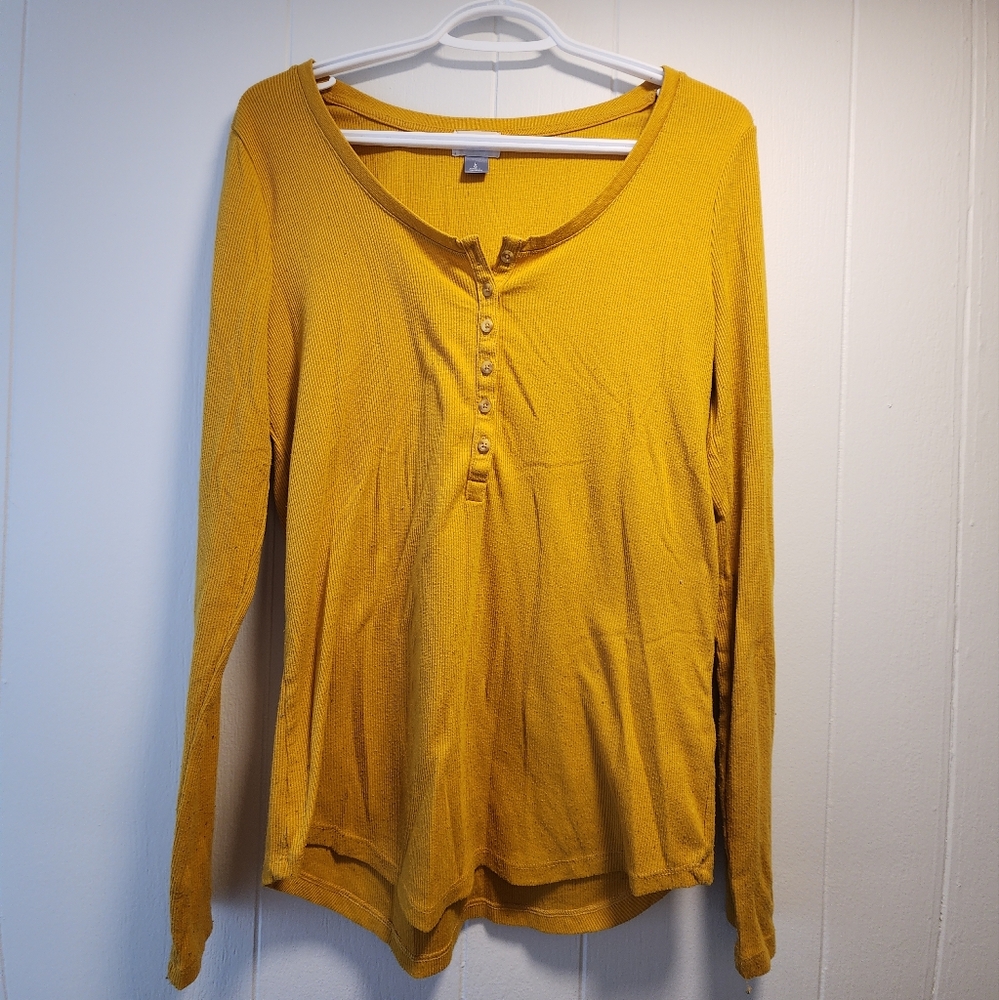 Women's Old Navy Mustard Yellow Long Sleeve Ribbed Button Up Top Size Large